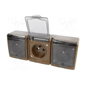 Obrázek pro Vodeodolná trojitá zásuvka na stenu 3x2P+Z , IP44 , Hnedá, dymový kryt