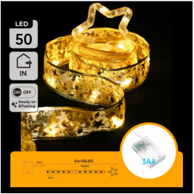 LED Vianočné osvetlenie - dekoračná stuha s hviezdou, 50 diód, 5m, IP20, 3xAA - Teplá biela Obrázok pre LED Vianočné osvetlenie - dekoračná stuha s hviezdou, 50 diód, 5m, IP20, 3xAA - Teplá biela