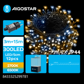 Obrázek pro LED Vianočné osvetlenie - reťaz, 300 diód, 15m, IP44, 230V - Teplá biela+Studená biela - 8 módov svietenia