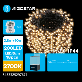 Obrázek pro LED Vianočné osvetlenie - reťaz, 200 diód, 10m, IP44, 3xAA - Teplá biela - 8 módov svietenia