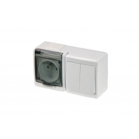 Obrázek pro Vodeodolná Jednozásuvka na stenu + Dvojpáčkový lustrový vypínač č.5 , IP44 , Biela, dymový kryt