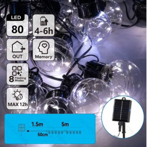 Obrázek pro Solárna Svetelná dekoračná reťaz , girlanda , 80diód, 10bambúľ, 5M, Studená biela