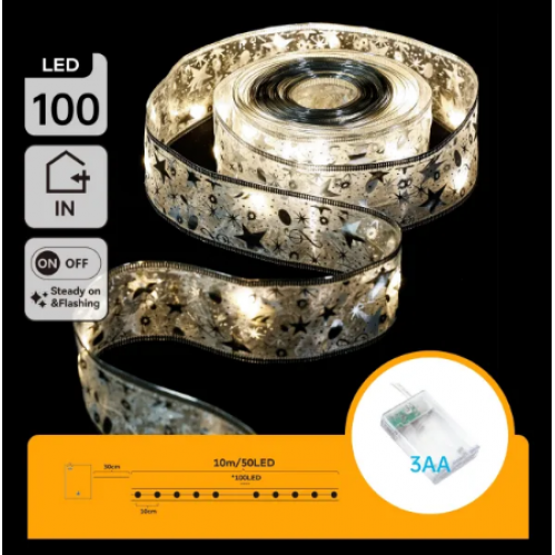 Obrázek pro LED Vianočné osvetlenie - dekoračná stuha strieborná, 100 diód, 10m, IP20, 3xAA - Teplá biela