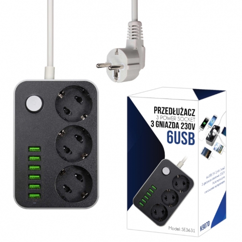 Obrázek pro Predlžovací kábel - predlžovačka , 3-zásuvková 230V, 6-zásuvková USB, 1,6m , s vypínačom