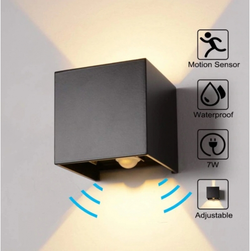Obrázek pro Nástenné vonkajšie svietidlo čierne WallLamp 7W , 2xCOB , IP65 , Studená biela s PIR senzorom a nastaviteľným uhlom svietenia