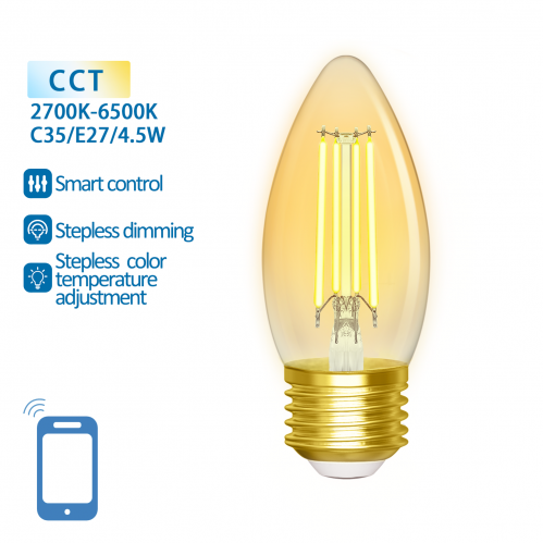 Obrázek pro SMART LED žiarovka E27 4,5W/470lm , svieca C35 LED vlákno AMBER , CCT