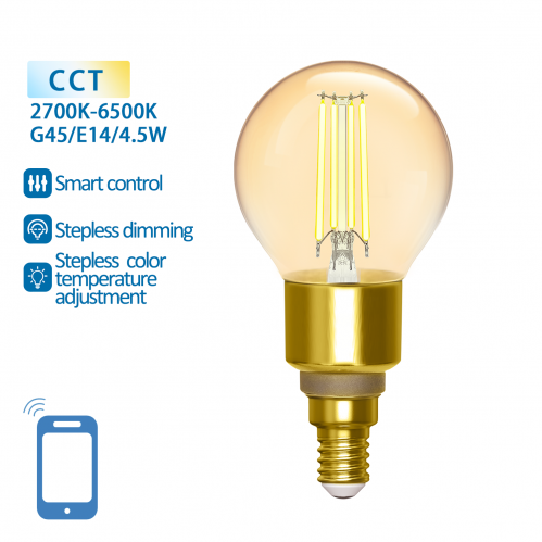 Obrázek pro SMART LED žiarovka E14 4,5W/470lm , glóbus G45 LED vlákno AMBER , CCT