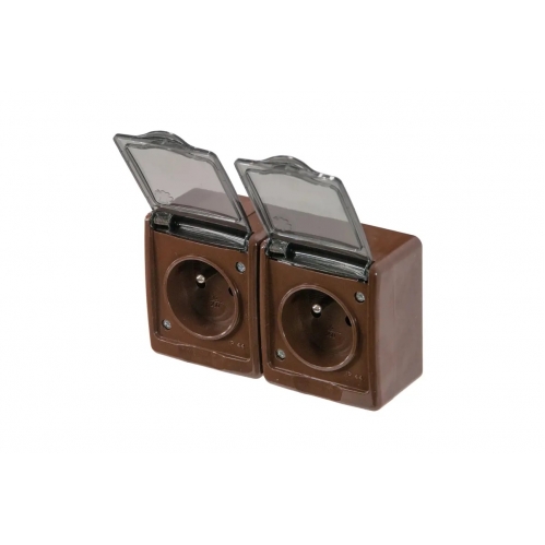 Obrázek pro Vodeodolná dvojitá zásuvka na stenu 2x2P+Z , IP44 , dymový kryt, Hnedá