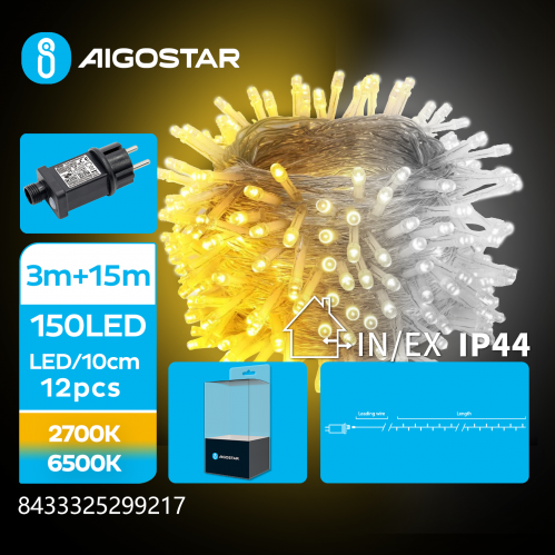 Obrázek pro LED Vianočné osvetlenie - reťaz, 150 diód, 15m, IP44, 230V - Teplá biela+Studená biela - 8 módov svietenia