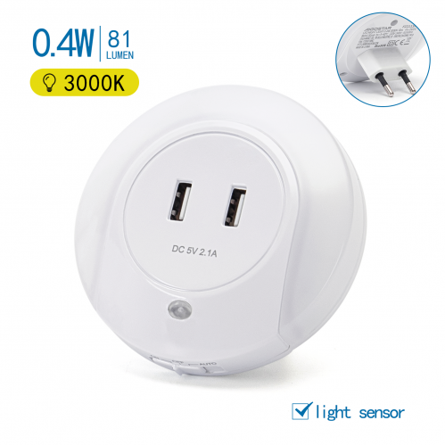 Obrázek pro Nočné svietidlo do zásuvky EU 0,4W/8lm Teplá biela so senzorom stmievania, 2xUSB