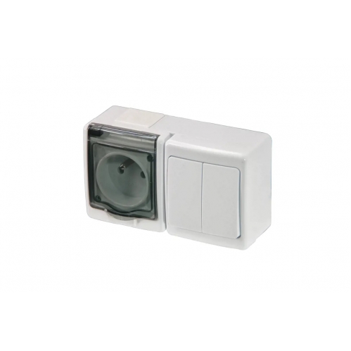 Obrázek pro Vodeodolná Jednozásuvka na stenu + Dvojpáčkový lustrový vypínač č.5 , IP44 , Biela, dymový kryt